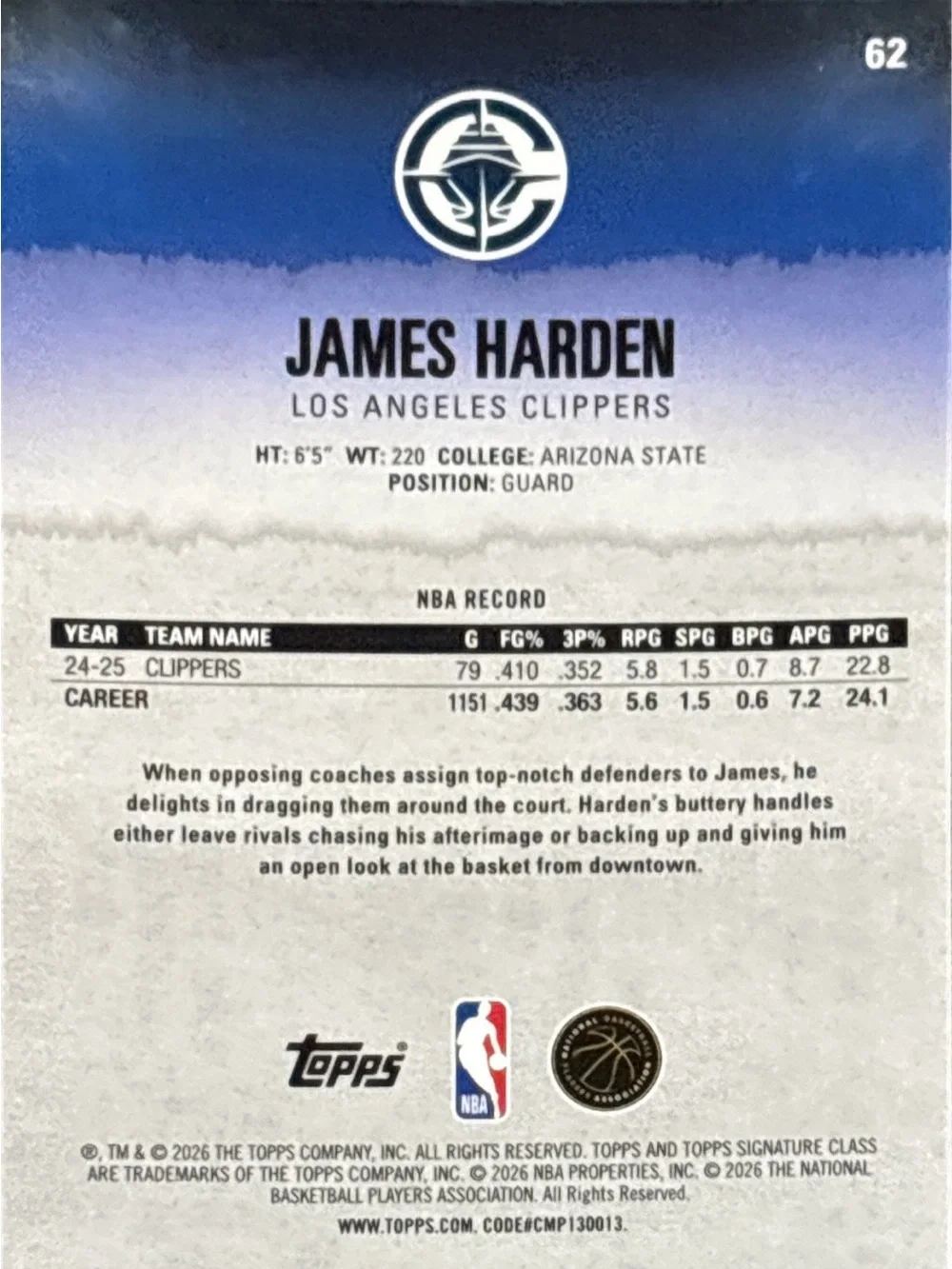 Topps Refractor Clippers James Harden Basketball Trading Card